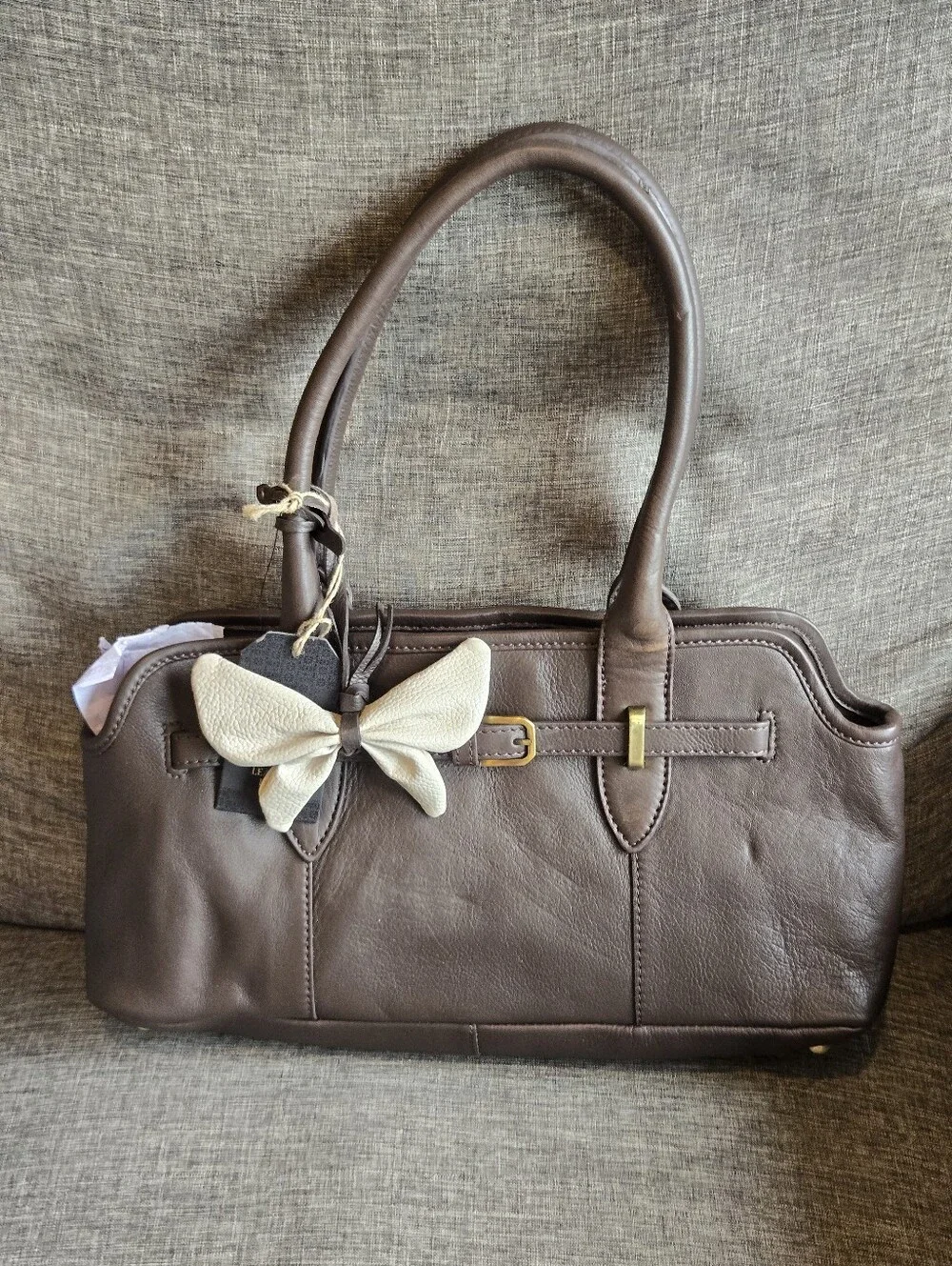 RARE!! Brown Genuine Leather Shoulder Bag Handbag With Leather Bow Accessory
